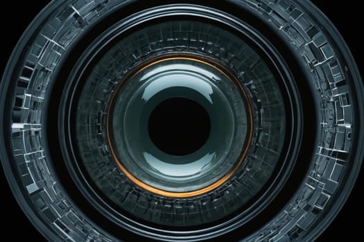 This image offers a glimpse into the precision engineering of a camera lens, from the layered glass to the dark aperture at its core.