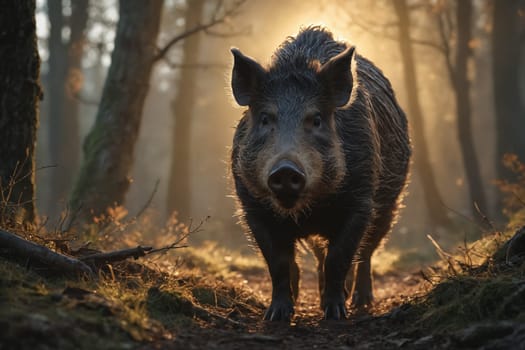 A wild boar looks curiously at the camera, illuminated by sunlight filtering through bare trees.