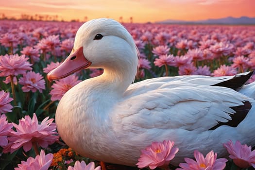 A white duck with black-tipped feathers nestled among pink flowers against a sunset sky.