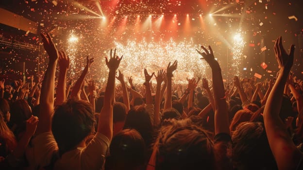 A crowd of people are at a concert, with many of them holding up their hands. The atmosphere is energetic and lively, with everyone enjoying the music and the performance