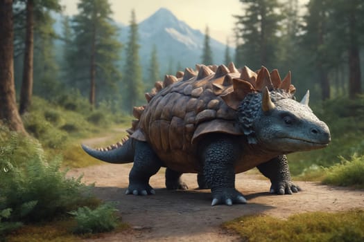 A towering CGI dinosaur stands amidst the dense foliage of a primeval forest.