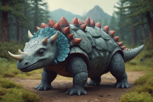 The mighty presence of a CGI-rendered dinosaur is captured in the verdant expanse of an ancient forest.