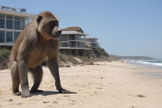 A lone baboon sits thoughtfully on a beach, a rare sight against the coastal landscape.