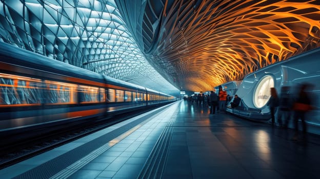 urban transportation inside the train station, people travel to work in city. Resplendent.