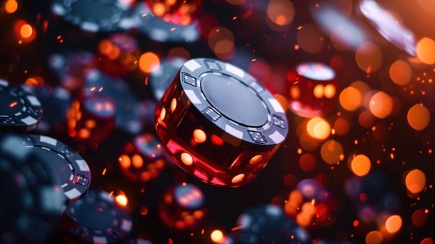A captivating scene from a casino table focusing on a collection of shiny gambling chips and a single die, illuminated by a warm, bokeh light effect that creates a festive and lively atmosphere suggestive of the excitement and energy of casino nightlife.
