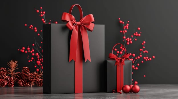 A gift box with a vibrant red bow stands adorned with two shiny ornaments. The scene conveys a festive and celebratory mood, perfect for occasions like Christmas or birthdays.