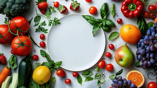 Various types of fresh fruits and vegetables are neatly arranged on a wooden table, showcasing a colorful array of healthy produce.