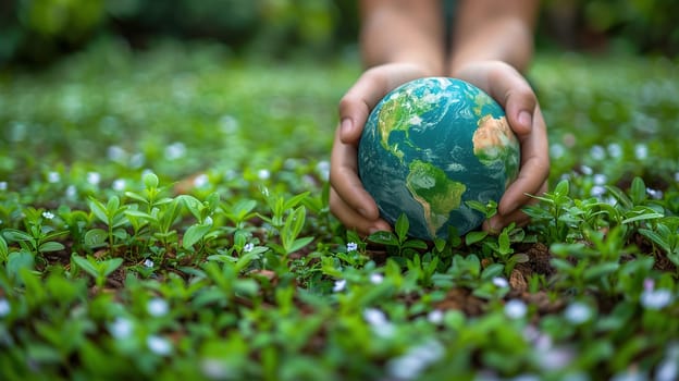 A person is holding a small globe in their hands, symbolizing the Earth Day concept. The globe is detailed with continents and oceans, showcasing the importance of environmental awareness and global unity.