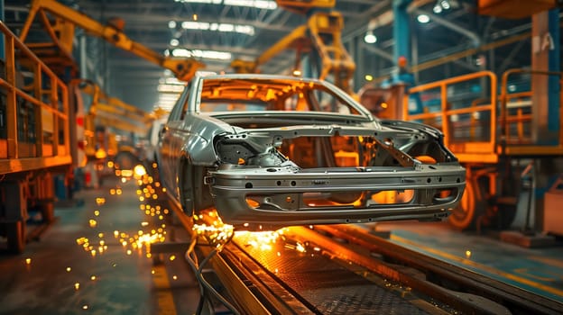 A car undergoing maintenance and repair in a factory setting. Workers are inspecting, repairing, and assembling various components of the vehicle. Tools, machinery, and safety equipment are visible in the background.