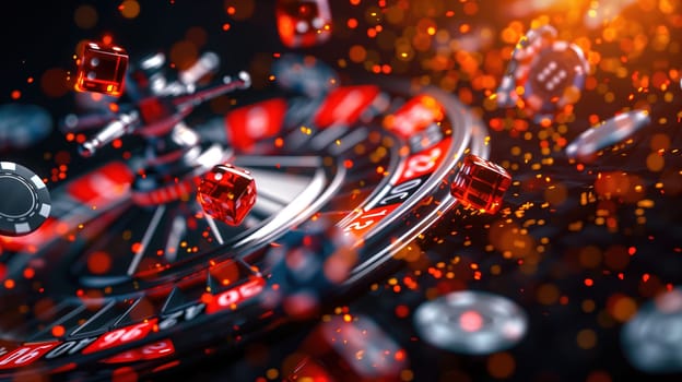 A scene in a casino featuring a roulette wheel surrounded by dice and stacks of casino chips. The dice are rolled, and the chips are being placed on different numbers on the roulette board, indicating various bets being placed.