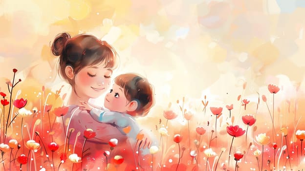 A woman is standing in a field of vibrant flowers, gently holding a child in her arms. The mother is looking down at the child with a tender expression, surrounded by natures beauty.