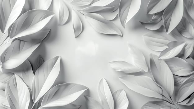A black and white depiction of leaves attached to a wall, creating a striking visual contrast. The leaves seem to be attached directly onto the surface, creating an interesting pattern against the background.