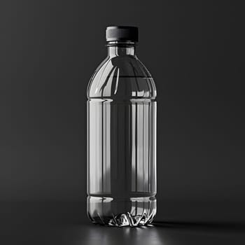 A transparent plastic water bottle with a black cap, set against a black background. This sleek drinkware is perfect for holding liquid and staying hydrated