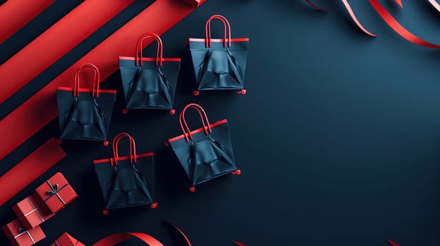 Several black bags with red ribbons tied around them, likely indicating a special sale or promotion. The bags are neatly arranged in a group, showcasing the products for potential customers.