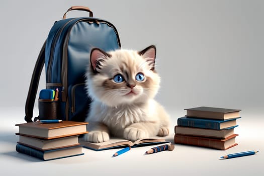 cute Ragdoll kitten with textbooks, backpack and other school supplies .