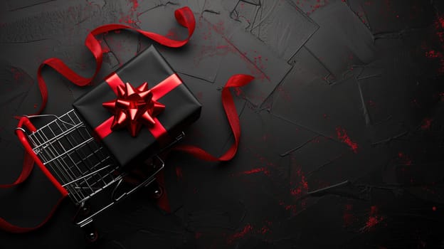 A shopping cart, typically used for shopping, is wrapped with a bright red ribbon. The image conveys a festive and celebratory atmosphere, hinting at a sale or a special event like Black Friday.