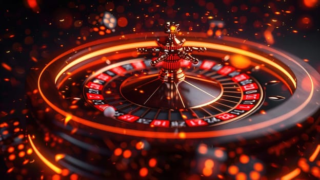 A close-up view captures the excitement of a spinning roulette wheel at a casino, with the small white ball in motion along the red and black numbered slots. The warm lights and dynamic bokeh suggest a vibrant atmosphere typical of a bustling evening of gambling.