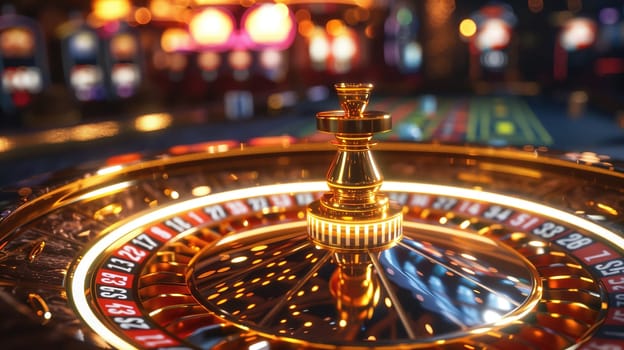 A casino roulette wheel set in a busy casino room with players placing bets and the wheel spinning. The room is filled with excitement and anticipation as gamblers try their luck.