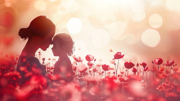 A couple of people, possibly a mother and child, stand in a vast field of colorful wildflowers. The two figures are surrounded by a sea of blooms under a bright sunlit sky.