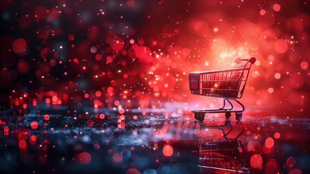 A shopping cart, symbolizing the concept of sale and Black Friday, stands on a wet ground, suggesting recent rainfall. The cart appears abandoned, its metal frame contrasting with the damp surroundings.