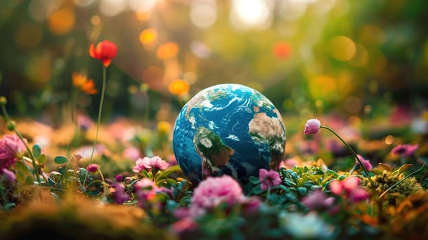 A small globe is placed in the center of a vibrant field of colorful flowers, showcasing a unique Earth Day concept.