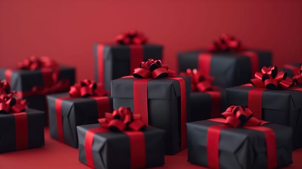A group of black and red presents neatly wrapped with shiny paper and bows. The presents are arranged in a stack, showcasing the festive colors associated with gifts and the holiday season.