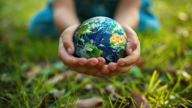 A person holding a small earth in their hands, symbolizing care for the planet and Earth Day concept. The individual gently cradles the globe, showing a gesture of concern and responsibility towards environmental issues.