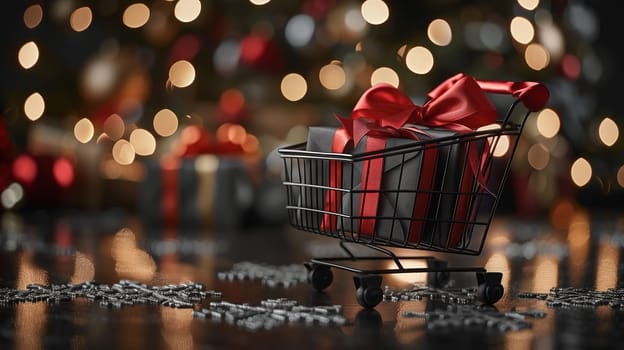 A shopping cart adorned with a vibrant red bow, symbolizing the sale and Black Friday concepts. The bow adds a festive touch to the shopping cart, enticing customers with potential discounts and deals.