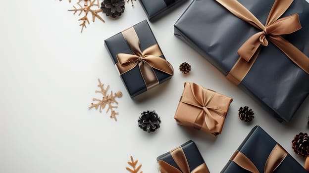 A group of presents beautifully wrapped in black and gold ribbon, symbolizing the elegance and luxury of gifting. The gifts are perfect for holiday celebrations or special occasions, embodying the spirit of generosity and joy.