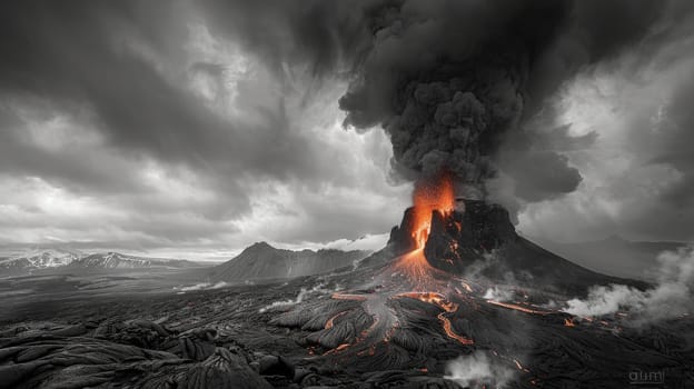 A black and white photo of a volcano with smoke and ash spewing from it. Scene is ominous and dramatic