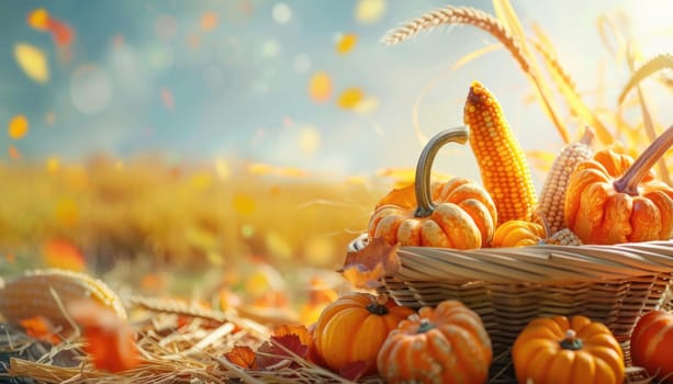 A basket full of pumpkins and corn sits in a field by AI generated image.
