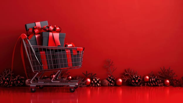 A shopping cart overflowing with brightly wrapped Christmas presents sits on a vibrant red background. The cart is brimming with gifts of all shapes and sizes, ready for the holiday season.
