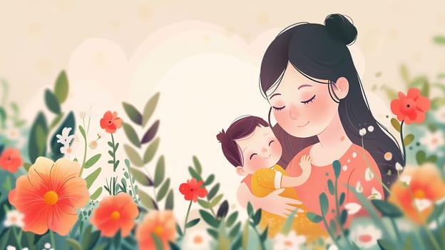 A woman dressed in casual clothing is standing in a field of colorful flowers, cradling a baby in her arms. The baby is looking around curiously while the woman gazes lovingly at the infant.