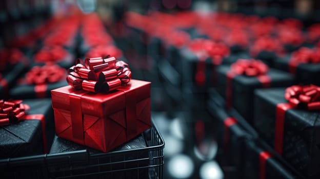 A group of black boxes adorned with vibrant red bows, creating a striking display for a sale event or Black Friday promotion. The boxes are neatly arranged, showcasing a festive and enticing arrangement for shoppers.
