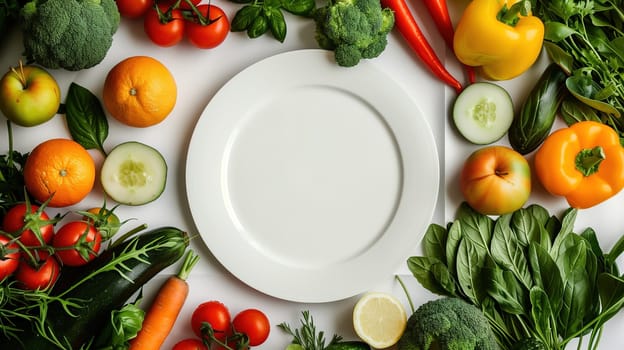 A white plate sits in the center of the image, piled high with an assortment of fresh vegetables and fruits. The plate is surrounded by vibrant red tomatoes, crisp green lettuce leaves, juicy orange slices, and an array of colorful berries. The variety of produce creates a visually appealing and healthy composition.