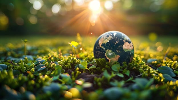 A small globe is nestled within lush green plants, basking in the warm glow of a setting sun, symbolizing environmental awareness and the celebration of Earth Day, showcasing a commitment to planetary stewardship and conservation.