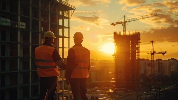Two construction workers are standing on a rooftop watching the sunset. AIG51A.