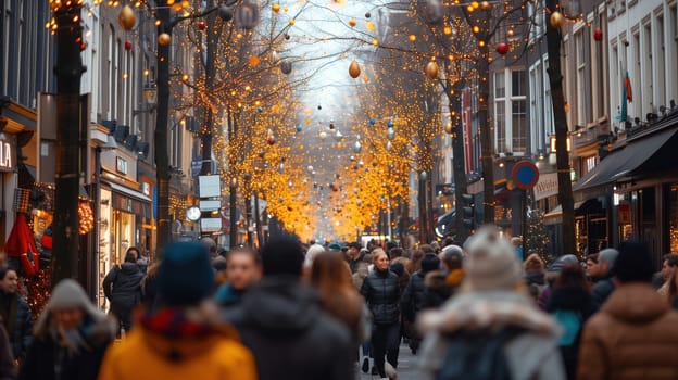 A large group of diverse people is seen walking down a bustling city street lined with tall buildings. The scene is filled with movement and activity as individuals make their way through the urban landscape.