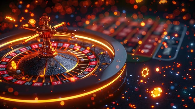 A vibrant casino roulette table is illuminated by a plethora of neon lights, creating a lively and bustling atmosphere. Gamblers eagerly place their bets as the wheel spins, adding to the excitement of the scene.