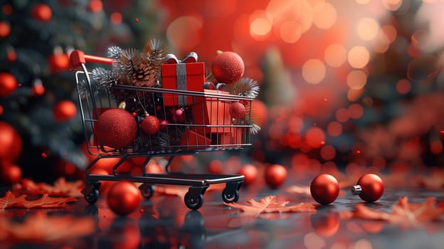 A shopping cart overflowing with wrapped Christmas presents sits on top of a table. The table is surrounded by festive decorations and lights, conveying a holiday shopping scene.