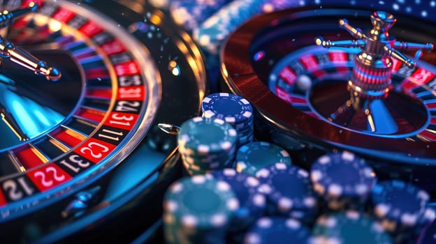 A casino wheel with colorful segments is spinning, surrounded by stacks of casino chips in blue, red, and green colors. The chips are neatly arranged around the wheel on a casino table.