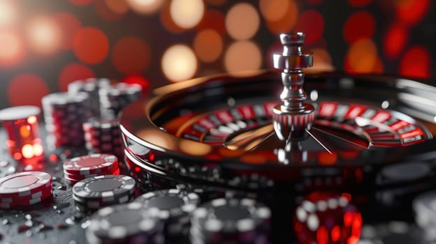 A casino wheel stands in the center, surrounded by stacks of colorful casino chips. The wheel is spinning, ready to determine the fate of the bets placed.