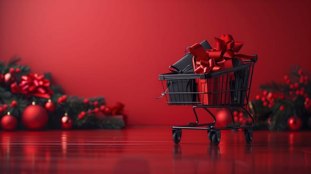 A shopping cart filled with a wrapped Christmas present, symbolizing holiday shopping and the festive season. The cart is set against a store background, hinting at Black Friday sale promotions.