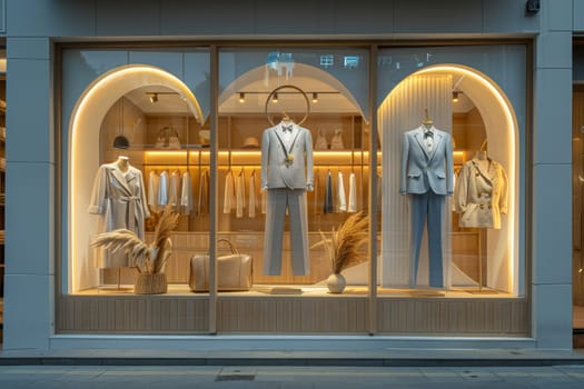 A window display of clothing with a white background. The clothes are hanging on the window and are arranged in a way that they are visible to the passerby. The display is well-lit and inviting