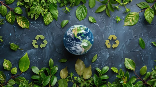 A symbolic celebration of Earth Day is depicted with a small globe at the center, encircled by fresh green leaves of various types. Three recycling arrows contribute to the theme, all presented against a dark slate background that contrasts with the vibrant green, highlighting the concept of environmental protection and sustainability.