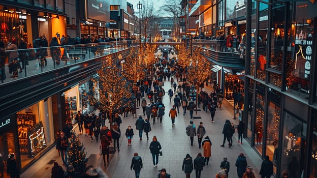 A diverse group of individuals of different ages and genders walking briskly through a bustling shopping mall. They are carrying shopping bags and glancing at various storefronts displaying sale signs during the Black Friday rush.