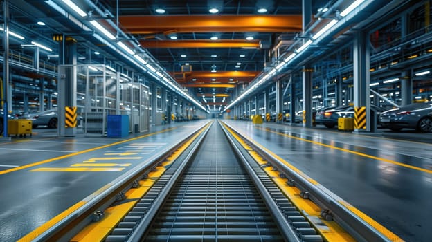 A train track runs through the interior of a vast industrial building, with metal beams and support structures surrounding it. The track disappears into the distance, creating a sense of endlessness within the enclosed space.