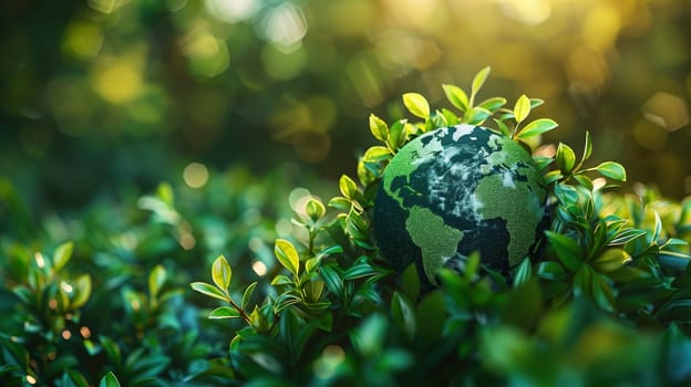 A green globe rests on top of a bush in a symbolic representation of the Earth Day concept. The vibrant green globe contrasts against the lush foliage of the bush, showcasing the importance of environmental preservation and sustainability.