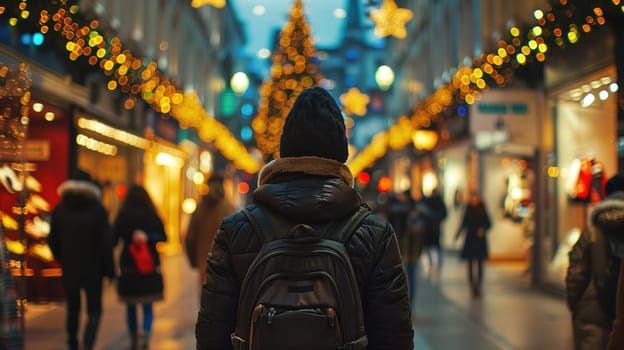 A person wearing a backpack is walking down a city street. The individual looks focused and determined as they move forward in the urban environment.