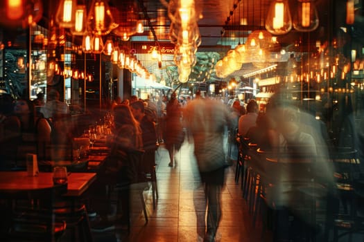 A blurry image of a busy city street with people walking and sitting at tables outside of restaurants. Scene is lively and bustling, with the blurred effect giving a sense of motion and energy